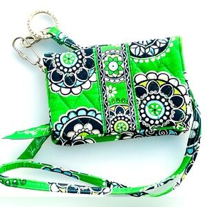 VERA BRADLEY GREEN SMALL ID BIFOLD WALLET WITH STRAP, GOOD CONDITION